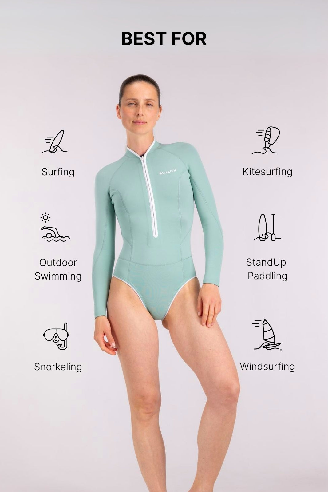 Woman modeling aquamarine WALLIEN Yulex® springsuit designed for surfing and outdoor water sports, on studio background