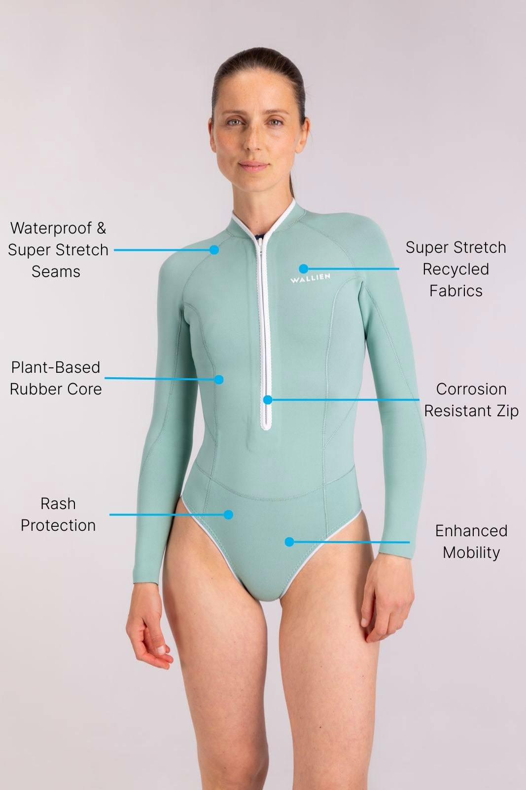 Model in aquamarine WALLIEN Yulex® springsuit wetsuit with like plant-based rubber and stretch seams detail, studio setting