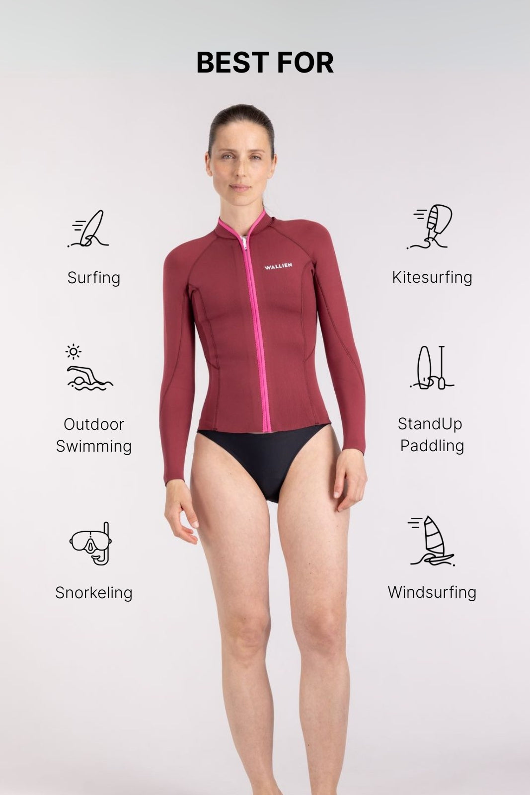 Woman zipping red WALLIEN Yulex® surf jacket with eco-friendly natural rubber, for water sports captured in studio background