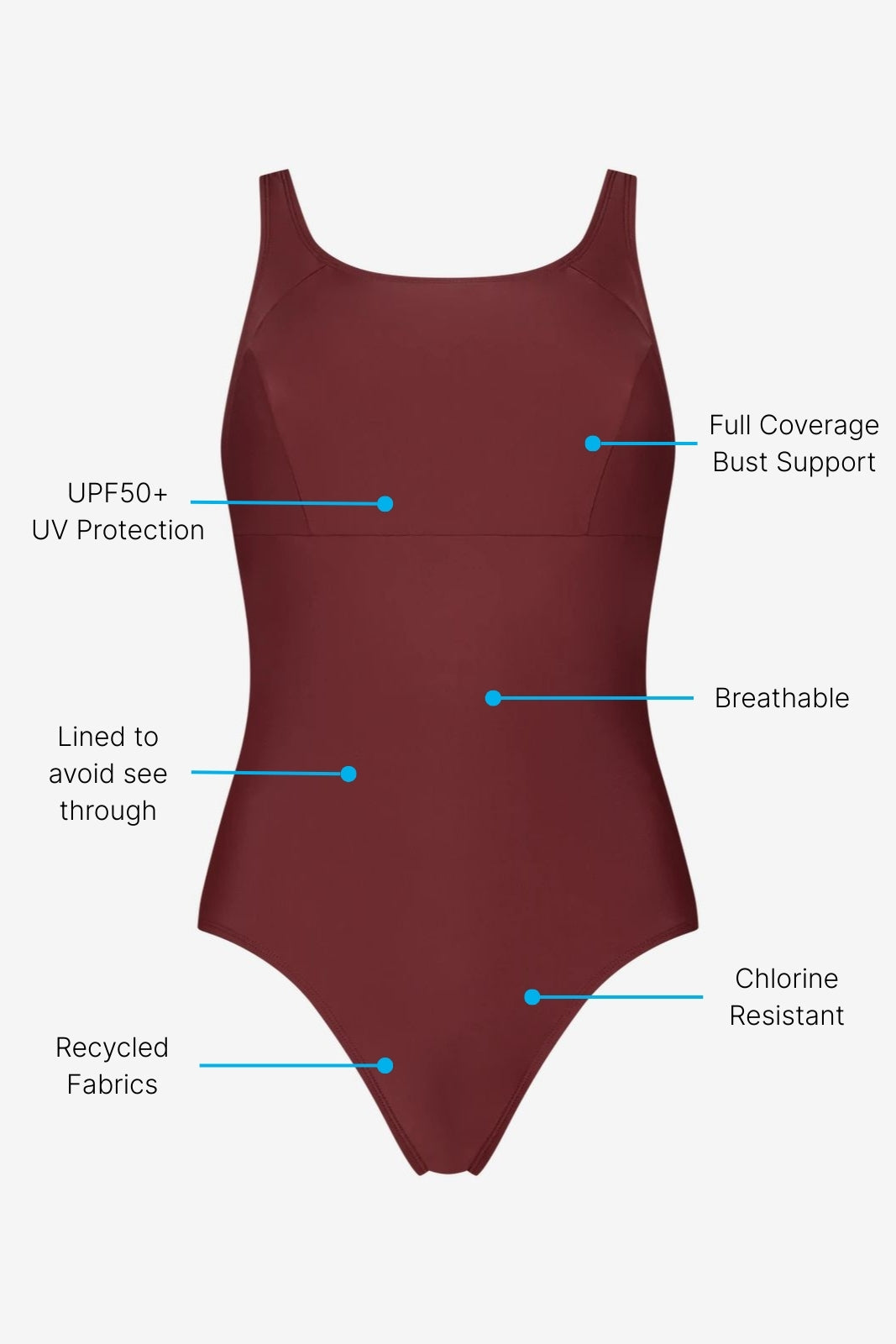 Red full coverage swimsuit with square neckline and bust seam support, made for active swim performance, on white background