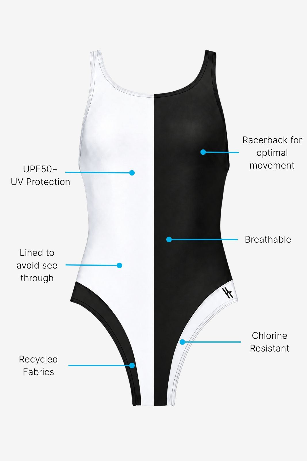 Liberty Racerback Swimsuit High Cut in Black / White with feature callouts: racerback for movement, breathable, lined, chlorine resistant, recycled fabrics