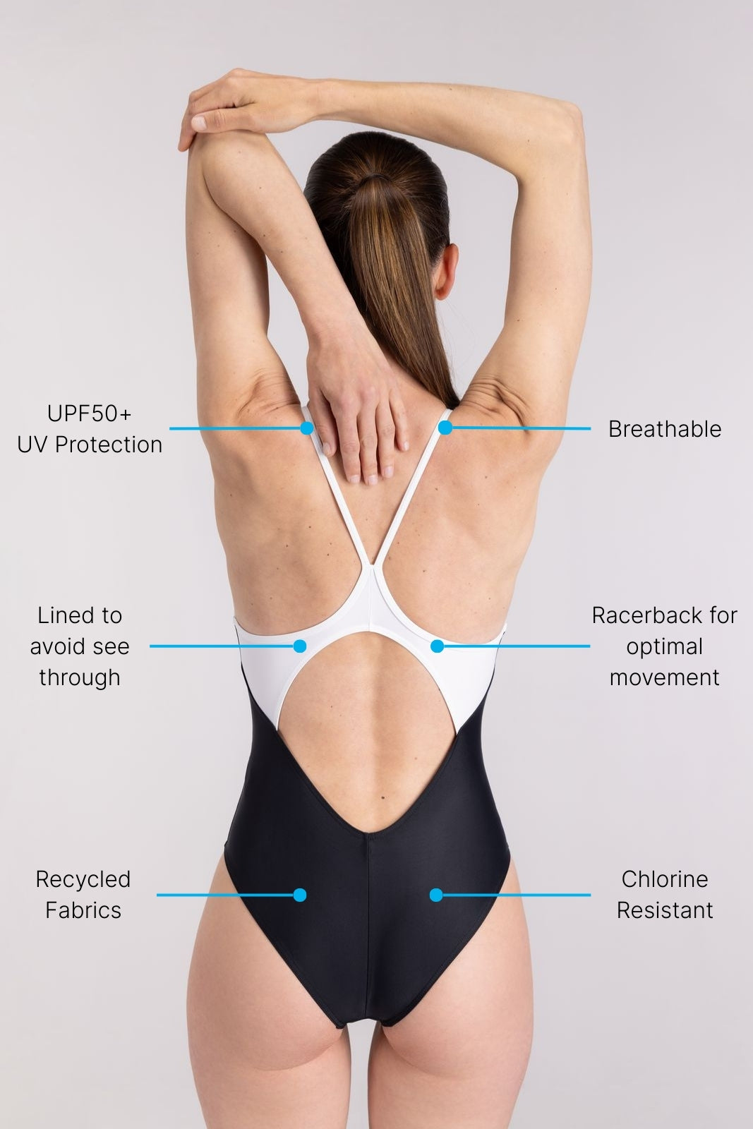 Female swimmer in high cut black and white swimsuit stretching shoulders, showcasing racerback design, on studio background