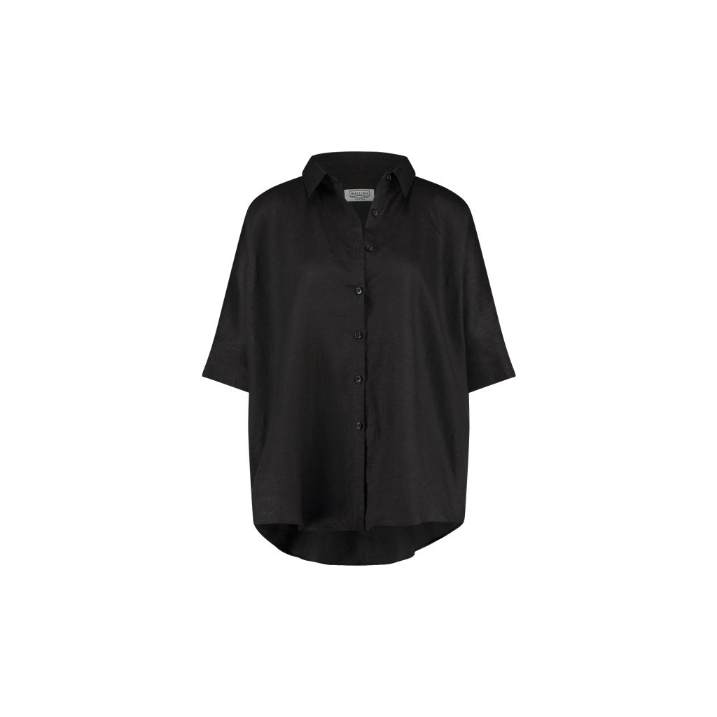 Black summer blouse with relaxed fit and button-down front, lightweight fabric, styled for beach days, on white background