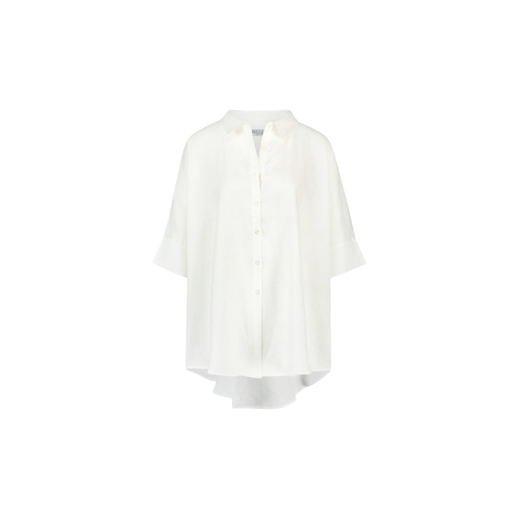 Off-white button-up summer blouse with curved hem, relaxed fit and soft texture, designed by WALLIEN, on a white background