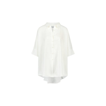 Off-white button-up summer blouse with curved hem, relaxed fit and soft texture, designed by WALLIEN, on a white background