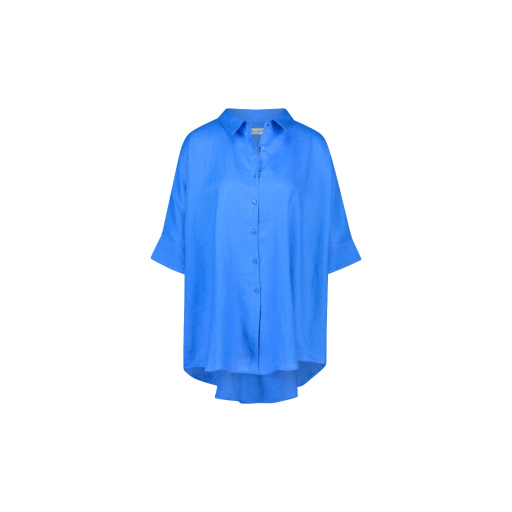 Saphfire Blue summer blouse with relaxed fit and button-up front, lightweight material and collar detail, on white background
