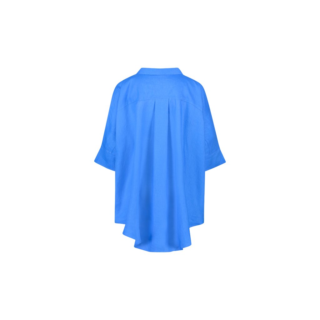 Saphfire Blue summer blouse with relaxed fit and button-up front, lightweight material and collar detail, on white background