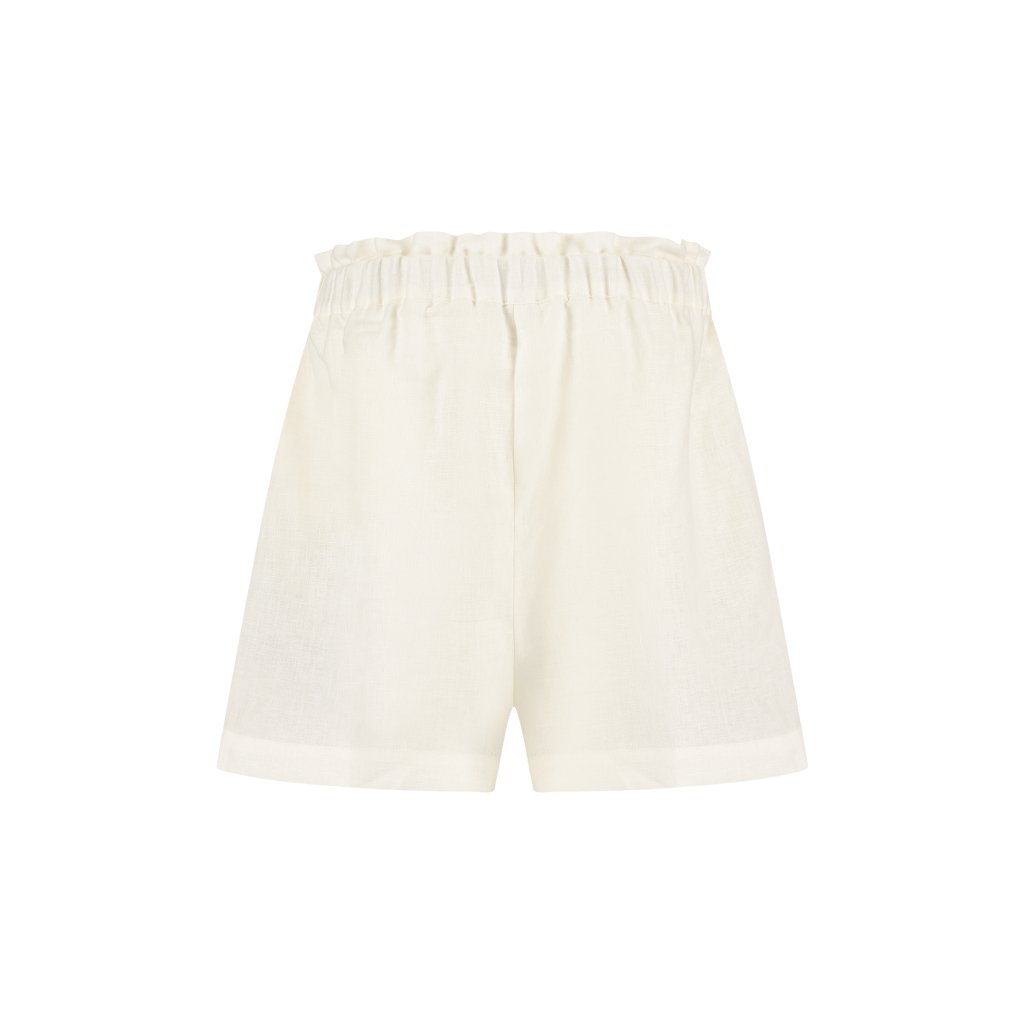 Off-white summer shorts with elastic waistband, clean seams and soft linen texture for casual wear, on a white background