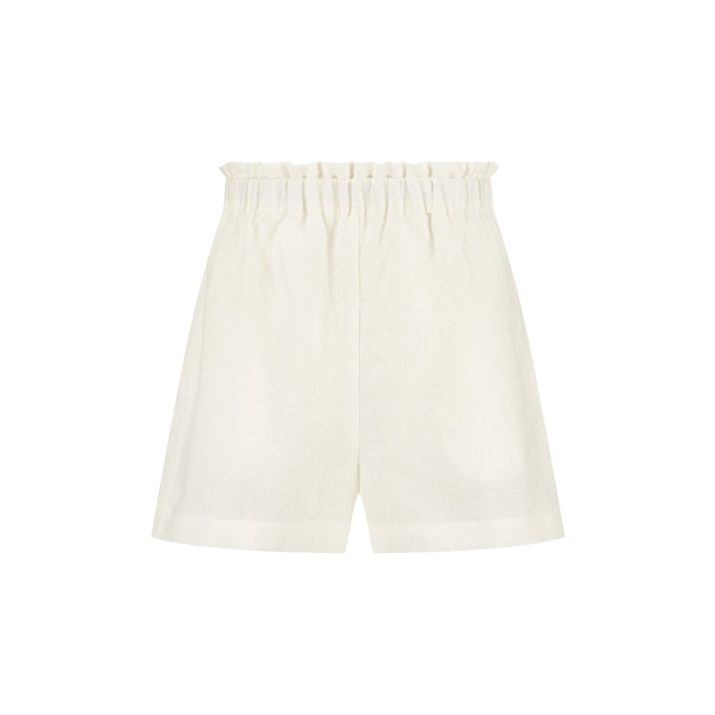 Off-white summer shorts with elastic waistband, clean seams and soft linen texture for casual wear, on a white background